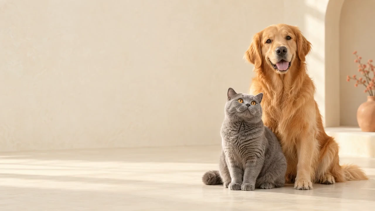 Cão golden retriever e gato cinza juntos em um ambiente acolhedor; imagem ilustrativa